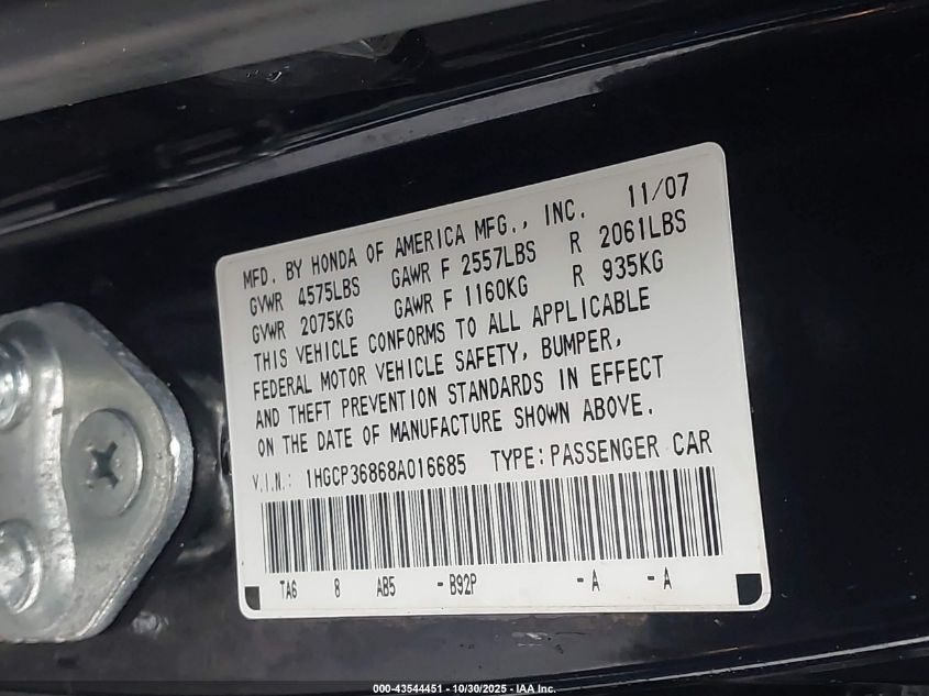2008 Honda Accord 3.5 Ex-L VIN: 1HGCP36868A016685 Lot: 43544451