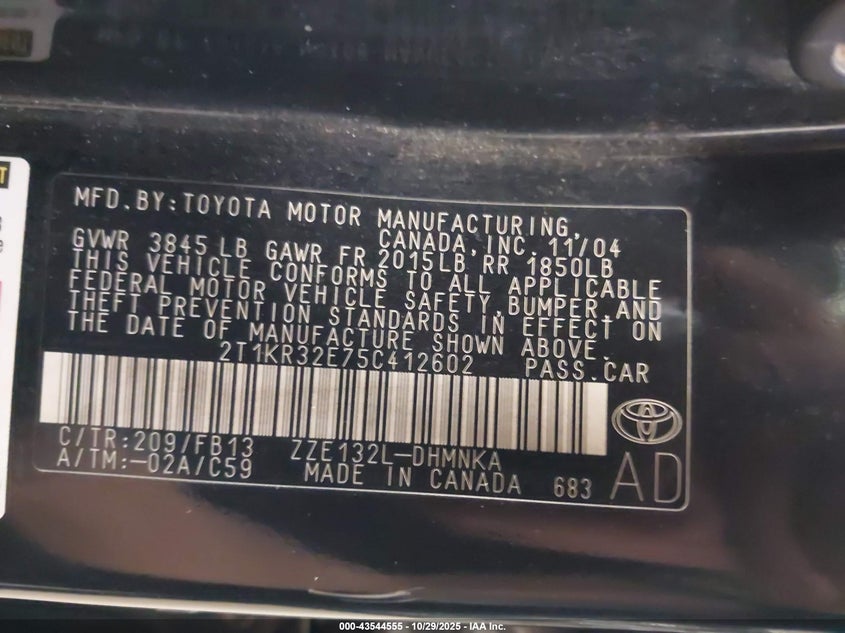 2005 Toyota Matrix Xr VIN: 2T1KR32E75C412602 Lot: 43544555