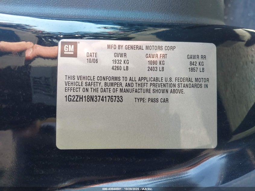 2007 Pontiac G6 Gt VIN: 1G2ZH18N374176733 Lot: 43544581