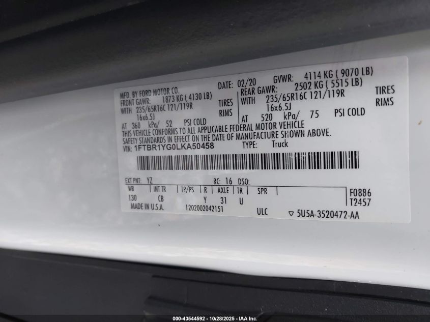 2020 Ford Transit-250 VIN: 1FTBR1YG0LKA50458 Lot: 43544592