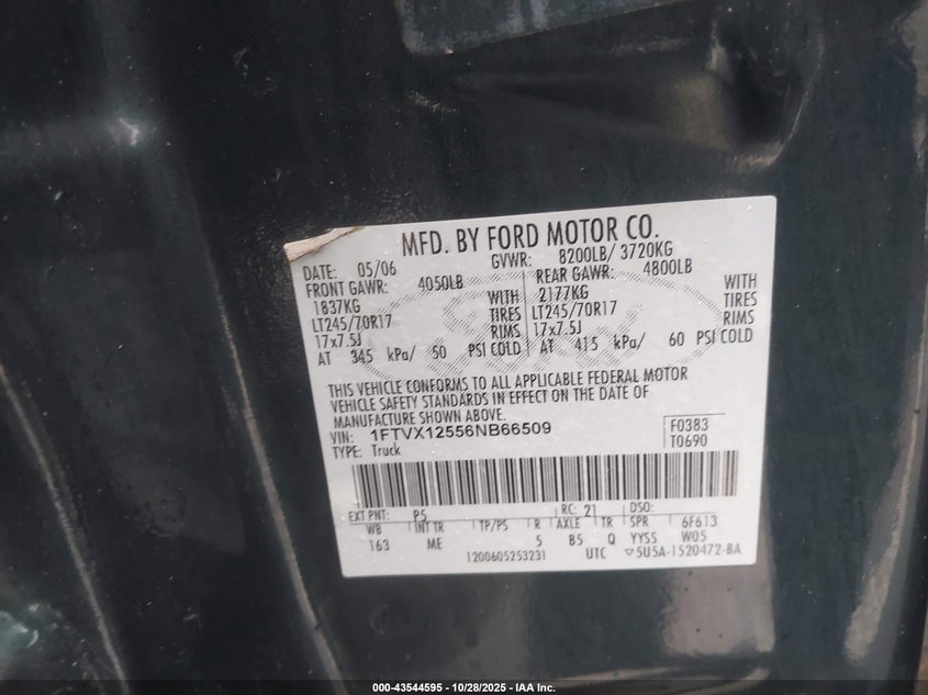 2006 Ford F-150 Lariat/Xl/Xlt VIN: 1FTVX12556NB66509 Lot: 43544595