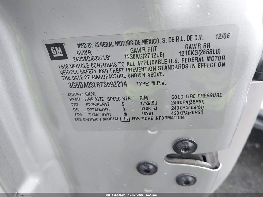 3G5DA03L87S592214 2007 BUICK RENDEZVOUS photo no. 9