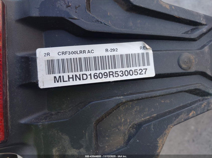 2024 Honda Crf300 Lr VIN: MLHND1609R5300527 Lot: 43544680