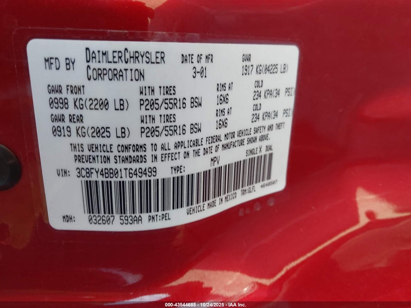 2001 Chrysler Pt Cruiser VIN: 3C8FY4BB01T649499 Lot: 43544685