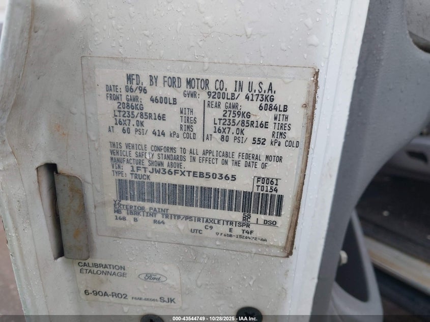 1996 Ford F350 VIN: 1FTJW36FXTEB50365 Lot: 43544749