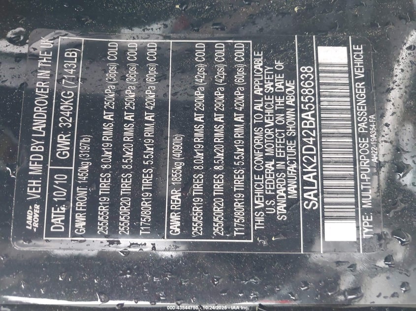 2011 Land Rover Lr4 VIN: SALAK2D42BA558638 Lot: 43544750