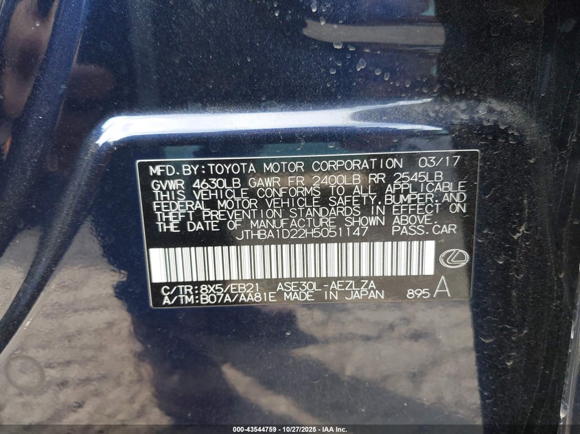 2017 Lexus Is 200T VIN: JTHBA1D22H5051147 Lot: 43544759