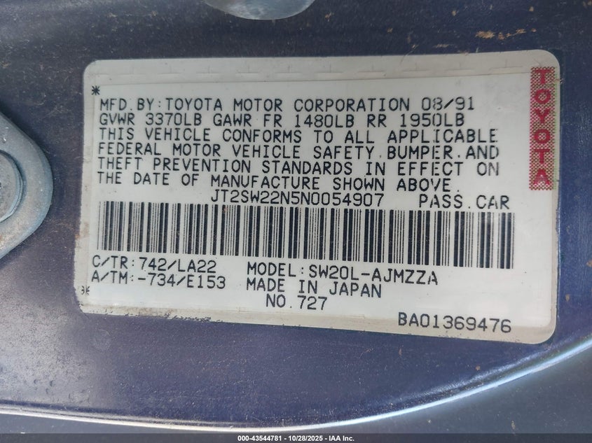 1992 Toyota Mr2 Sport Roof VIN: JT2SW22N5N0054907 Lot: 43544781