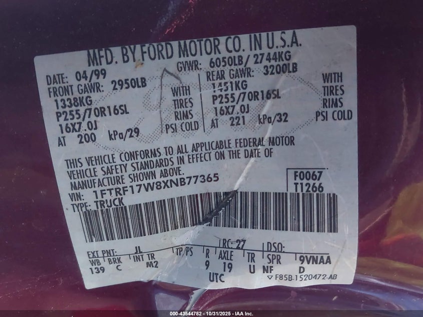 1999 Ford F-150 Lariat/Work Series/Xl/Xlt VIN: 1FTRF17W8XNB77365 Lot: 43544782