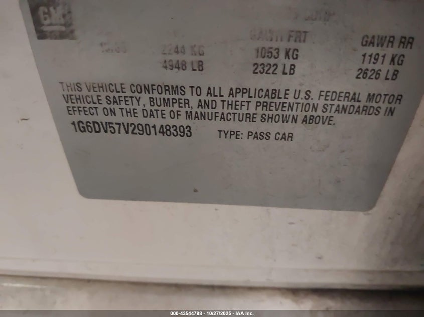 2009 Cadillac Cts Standard VIN: 1G6DV57V290148393 Lot: 43544798