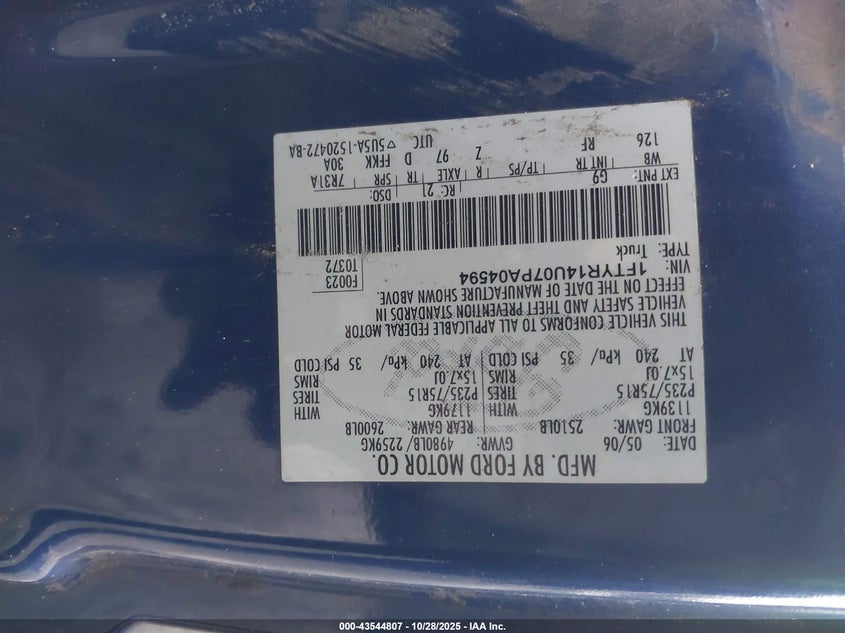 2007 Ford Ranger Sport/Stx/Xl/Xlt VIN: 1FTYR14U07PA04594 Lot: 43544807