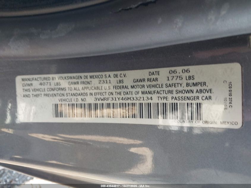 2006 Volkswagen New Beetle 2.5 VIN: 3VWRF31Y46M332134 Lot: 43544817