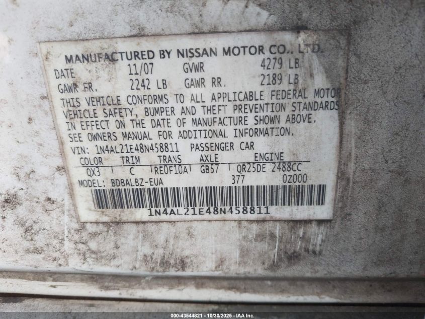 2008 Nissan Altima 2.5 S VIN: 1N4AL21E48N458811 Lot: 43544821