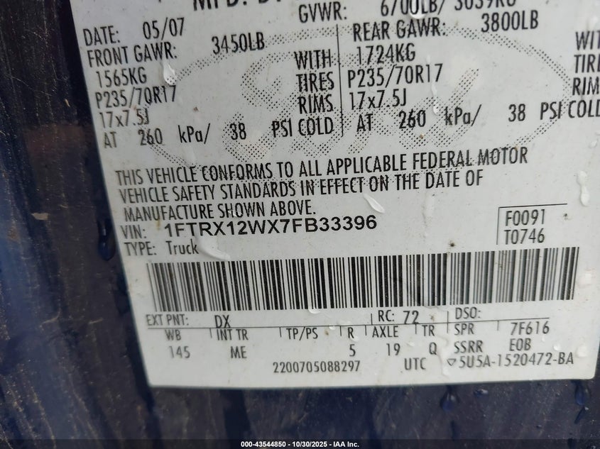 2007 Ford F-150 Fx2/Stx/Xl/Xlt VIN: 1FTRX12WX7FB33396 Lot: 43544850
