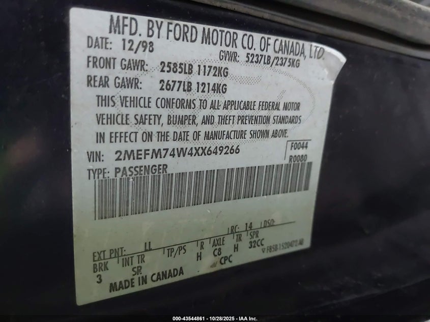 1999 Mercury Grand Marquis Gs VIN: 2MEFM74W4XX649266 Lot: 43544861