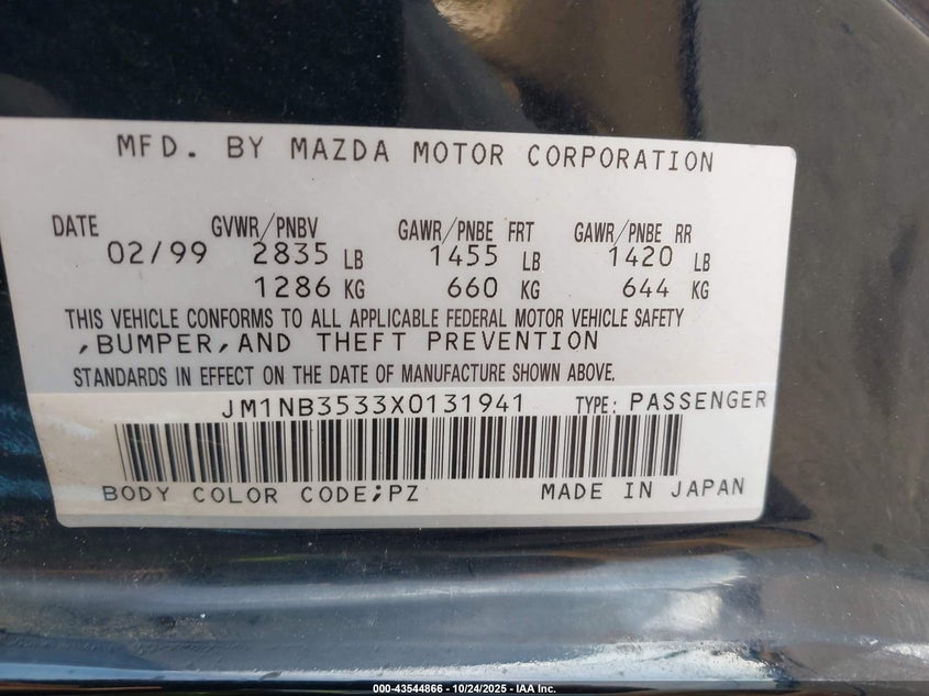 1999 Mazda Mx-5 Miata Leather Pkg/Popular Equipment Pkg/Sports Pkg/Touring Pkg VIN: JM1NB3533X0131941 Lot: 43544866