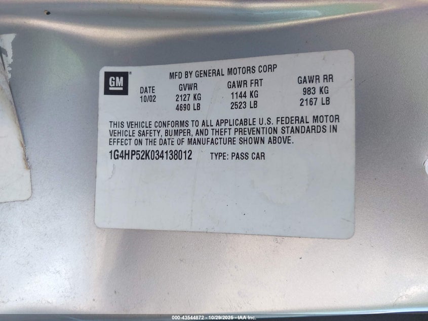 2003 Buick Lesabre Custom VIN: 1G4HP52K034138012 Lot: 43544872