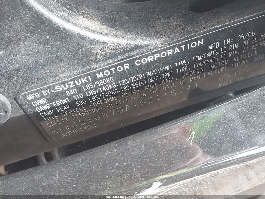 2006 Suzuki Gsx-R600 K6 VIN: JS1GN7DA162118741 Lot: 43544881