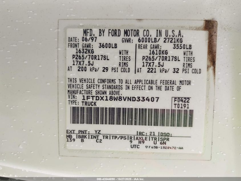 1997 Ford F-150 Lariat/Xl/Xlt VIN: 1FTDX18W8VND33407 Lot: 43544898