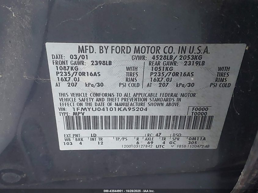 2001 Ford Escape Xlt VIN: 1FMYU04101KA95204 Lot: 43544901