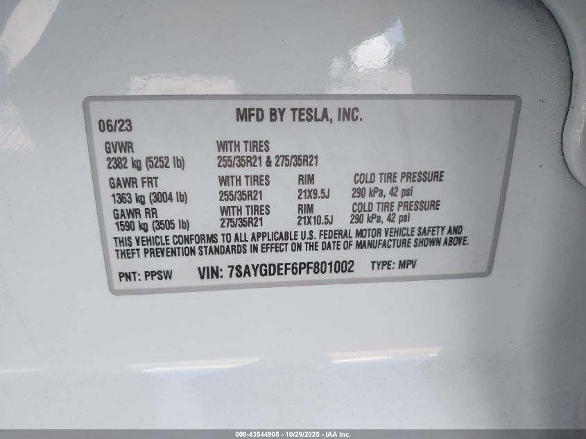 2023 Tesla Model Y Performance Dual Motor All-Wheel Drive VIN: 7SAYGDEF6PF801002 Lot: 43544905