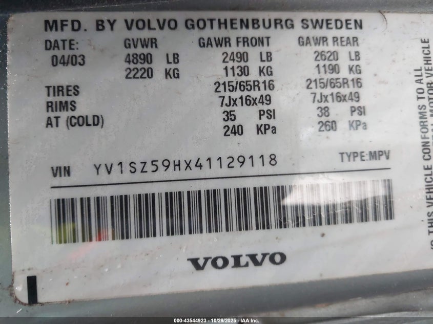 2004 Volvo Xc70 2.5T/Xc70 VIN: YV1SZ59HX41129118 Lot: 43544923