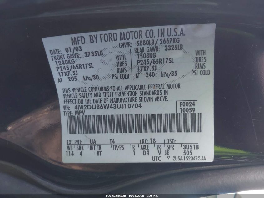 2003 Mercury Mountaineer VIN: 4M2DU86W43UJ10704 Lot: 43544929