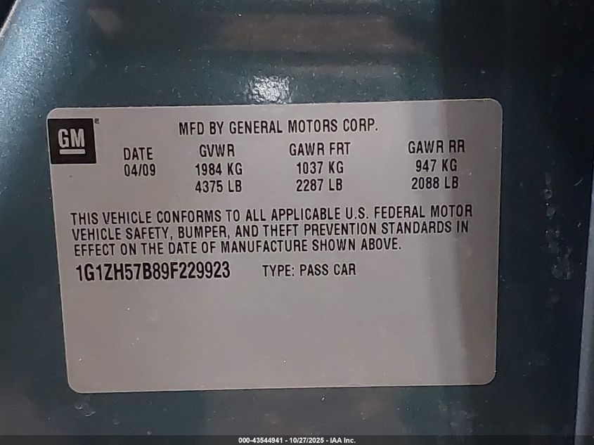 2009 Chevrolet Malibu Lt VIN: 1G1ZH57B89F229923 Lot: 43544941