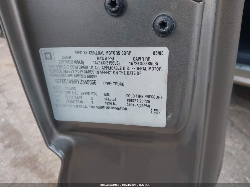 2000 GMC Sierra 1500 Sl VIN: 1GTEC14W6YZ345056 Lot: 43544942