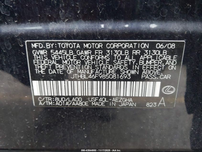 2008 Lexus Ls 460 VIN: JTHBL46F985081693 Lot: 43544950