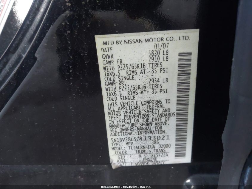 2007 Nissan Quest 3.5 VIN: 5N1BV28U57N133021 Lot: 43544968