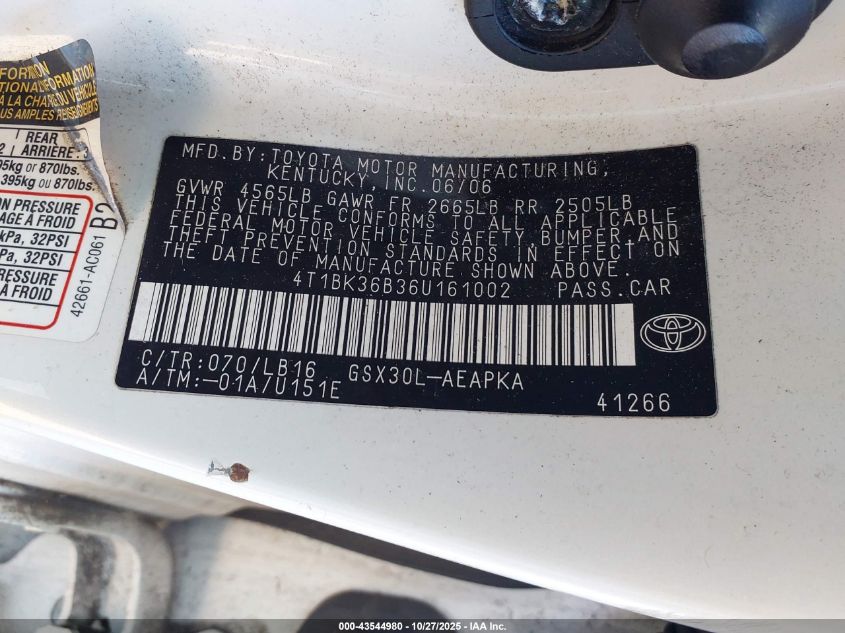 2006 Toyota Avalon Limited VIN: 4T1BK36B36U161002 Lot: 43544980