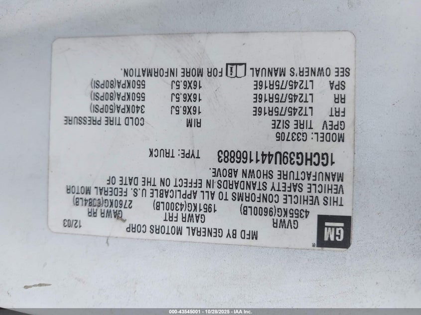 2004 Chevrolet Express VIN: 1GCHG39U441166883 Lot: 43545001