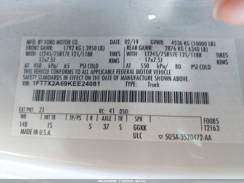 2019 Ford F-250 Xl VIN: 1FT7X2A69KEE24081 Lot: 43545008