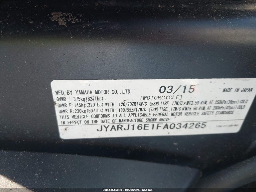 2015 Yamaha Yzfr6 VIN: JYARJ16E1FA034265 Lot: 43545030