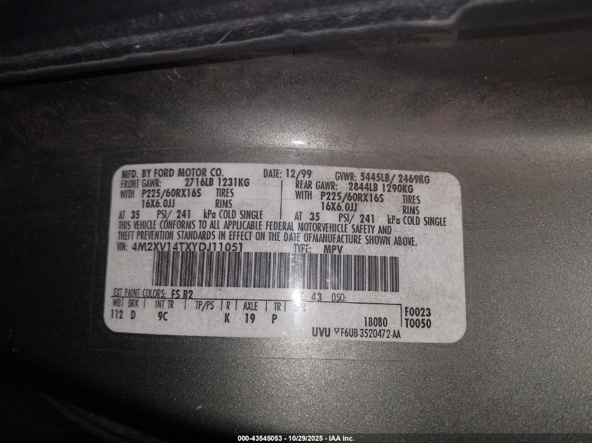 2000 Mercury Villager Estate VIN: 4M2XV14TXYDJ11051 Lot: 43545053