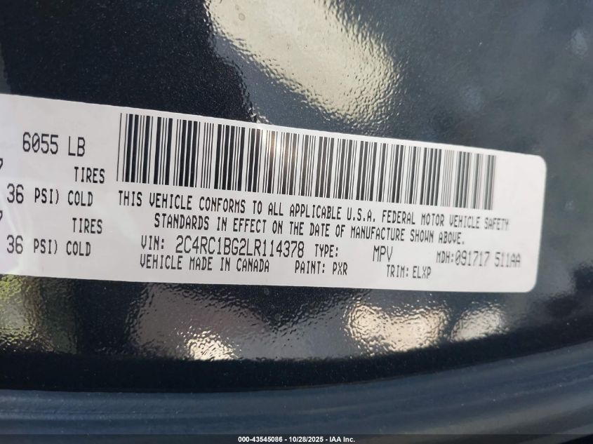 2020 Chrysler Pacifica Touring L VIN: 2C4RC1BG2LR114378 Lot: 43545086