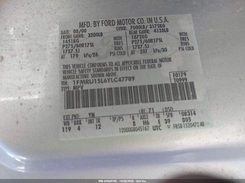 2000 Ford Expedition Xlt VIN: 1FMRU15L6YLC47789 Lot: 43545109