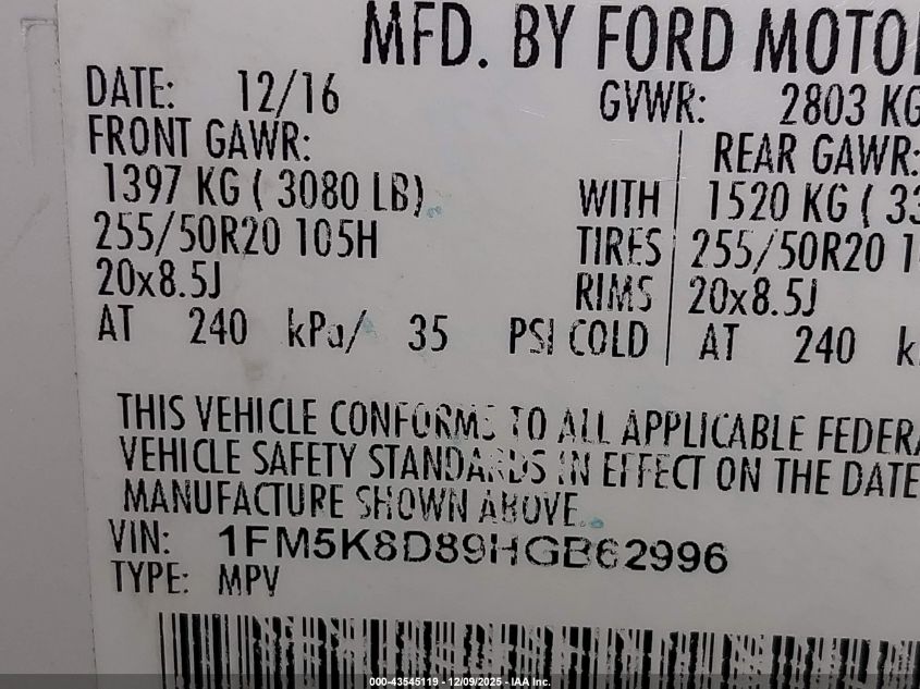 2017 Ford Explorer Xlt VIN: 1FM5K8D89HGB62996 Lot: 43545119