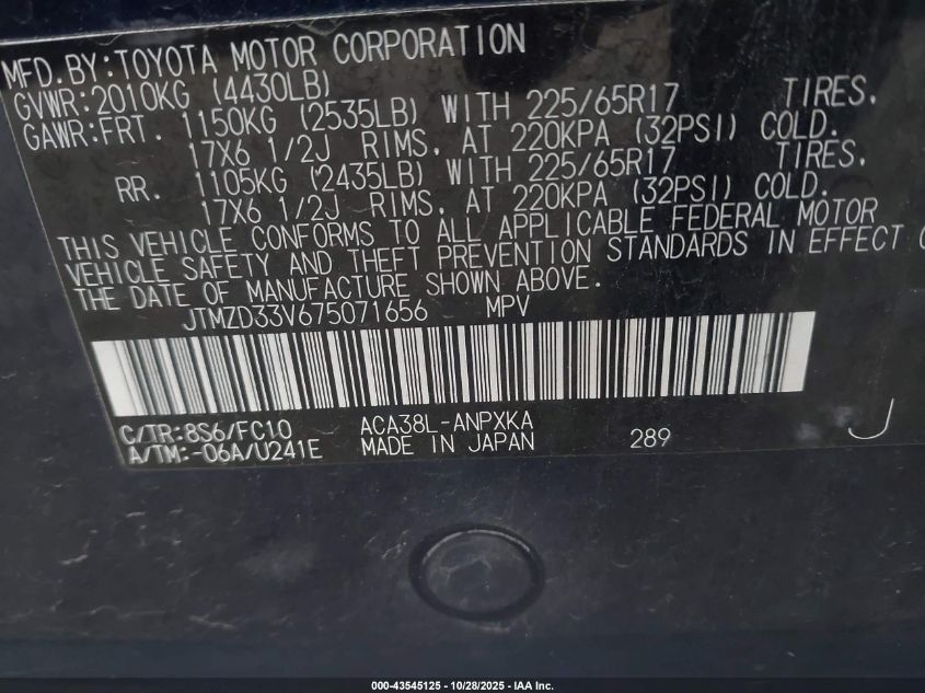 2007 Toyota Rav4 VIN: JTMZD33V675071656 Lot: 43545125