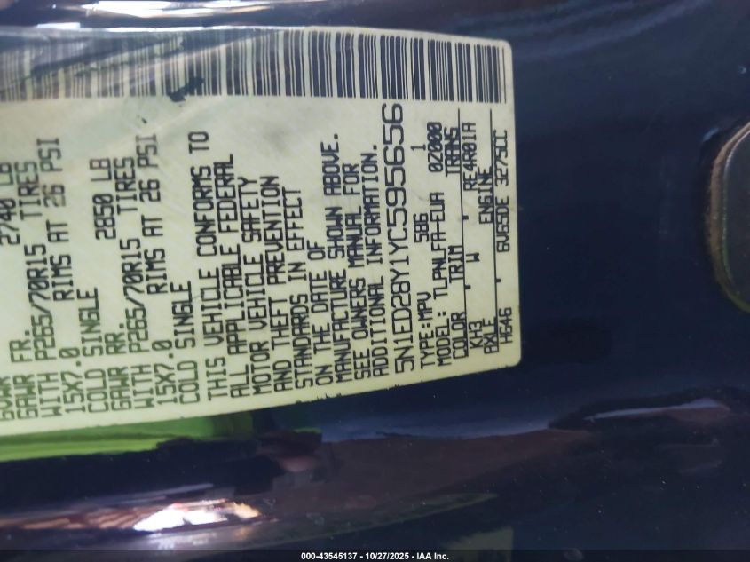 2000 Nissan Xterra Se/Xe VIN: 5N1ED28Y1YC595656 Lot: 43545137