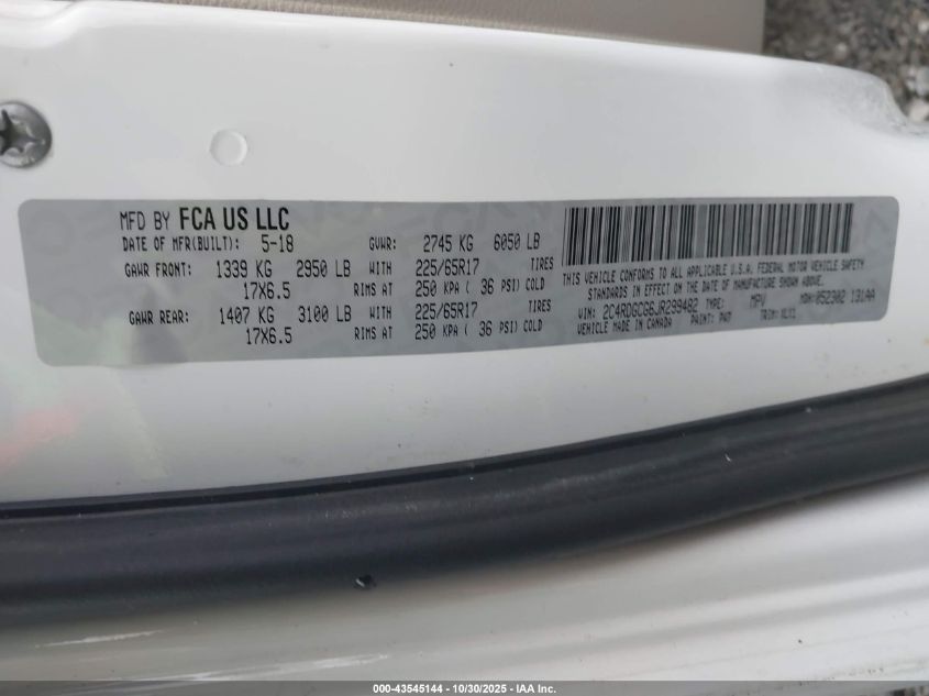 2018 Dodge Grand Caravan Sxt VIN: 2C4RDGCG6JR299482 Lot: 43545144