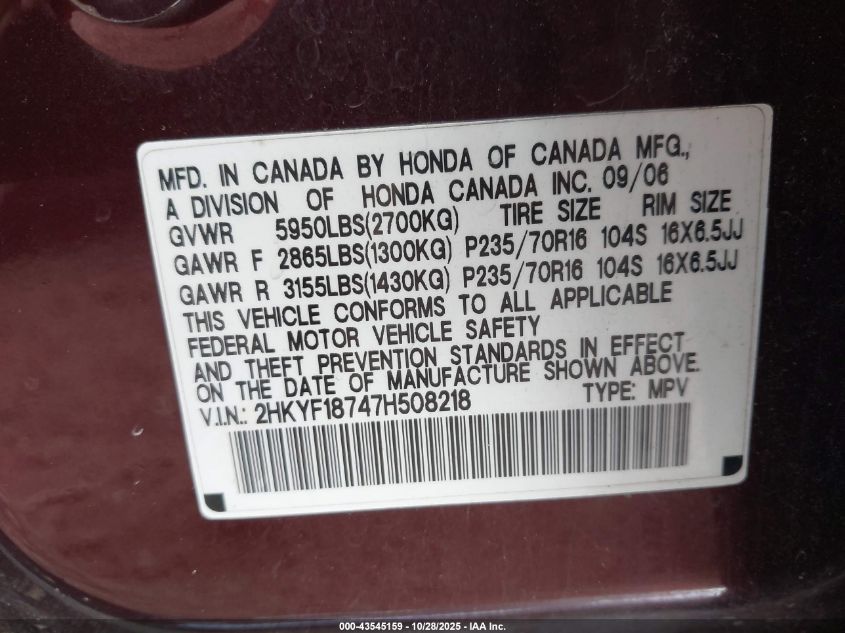 2007 Honda Pilot Ex-L VIN: 2HKYF18747H508218 Lot: 43545159