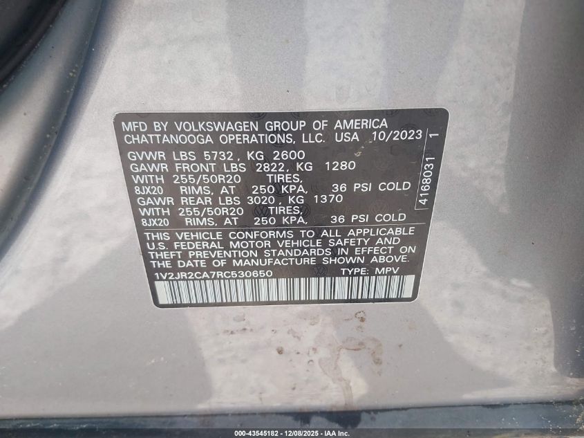 2024 Volkswagen Atlas 2.0T Se W/Technology VIN: 1V2JR2CA7RC530650 Lot: 43545182