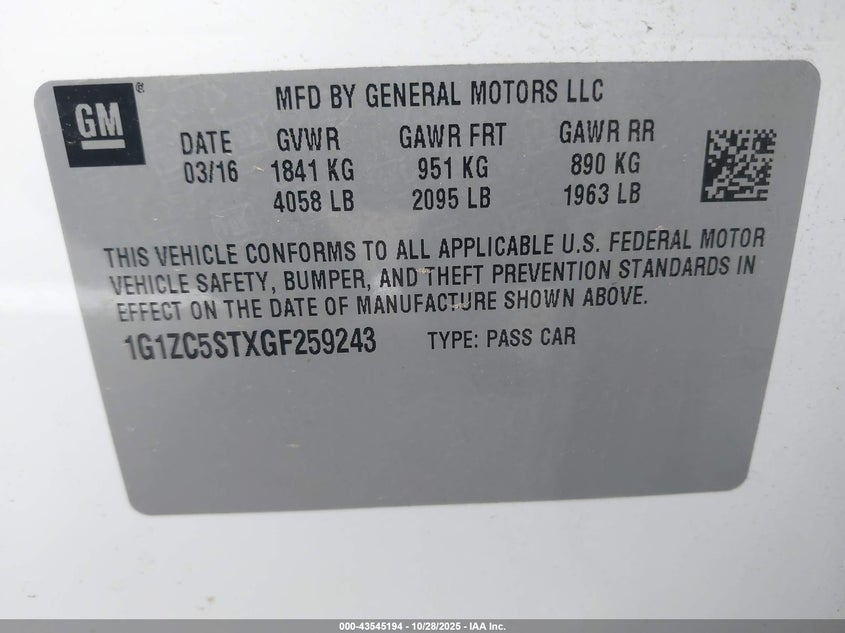 1G1ZC5STXGF259243 2016 CHEVROLET MALIBU photo no. 9