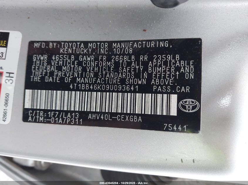 2009 Toyota Camry Hybrid VIN: 4T1BB46K09U093641 Lot: 43545204