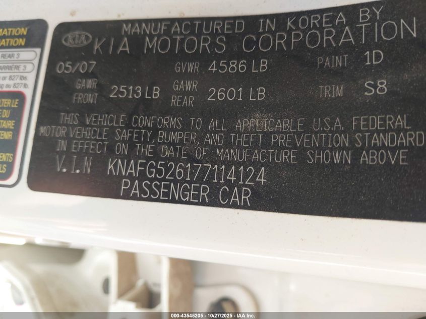 2007 Kia Rondo Ex V6 VIN: KNAFG526177114124 Lot: 43545205