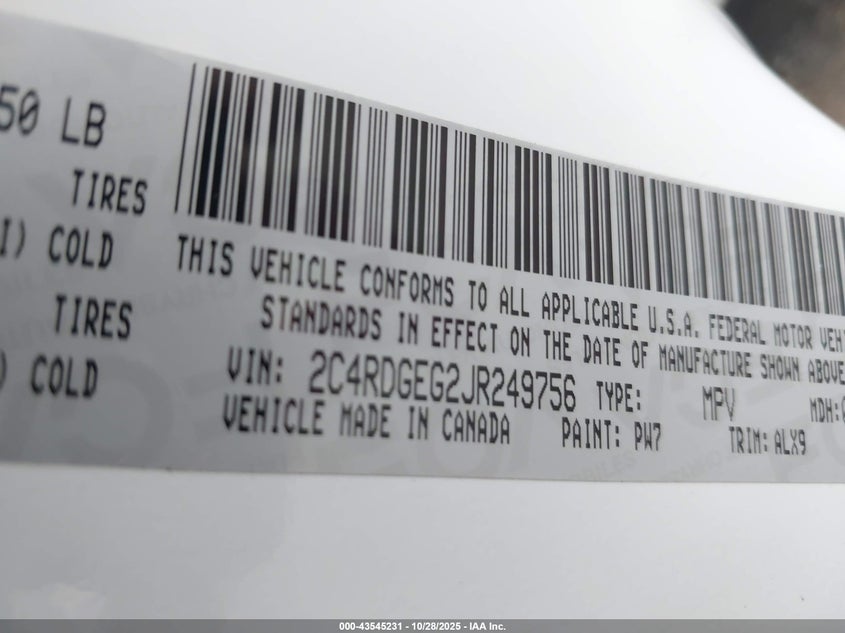 2018 Dodge Grand Caravan Gt VIN: 2C4RDGEG2JR249756 Lot: 43545231