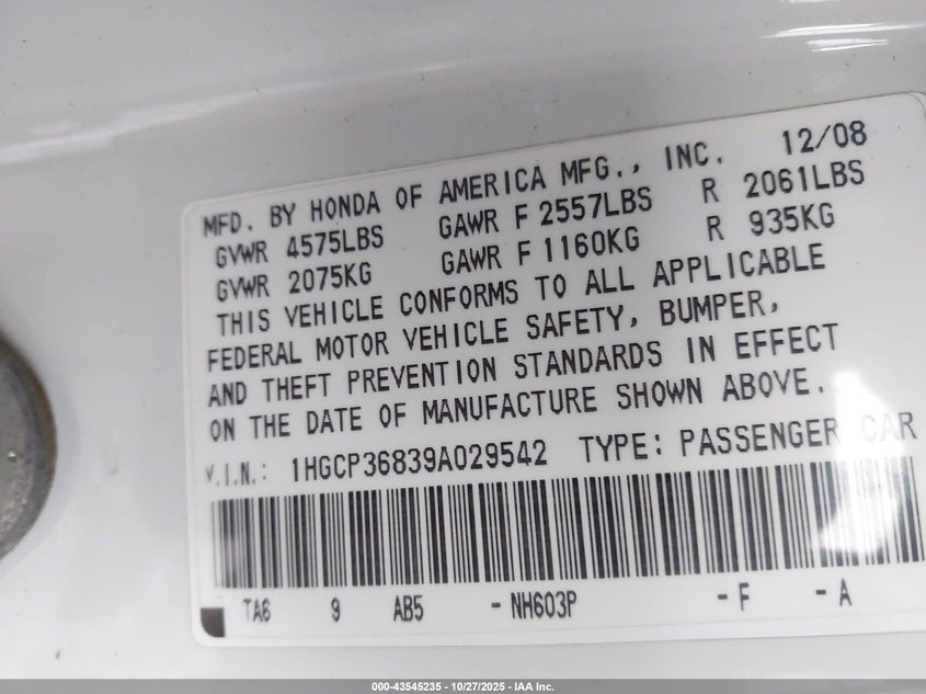 1HGCP36839A029542 2009 HONDA ACCORD photo no. 9