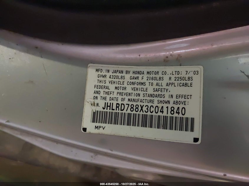 2003 Honda Cr-V Ex VIN: JHLRD788X3C041840 Lot: 43545258